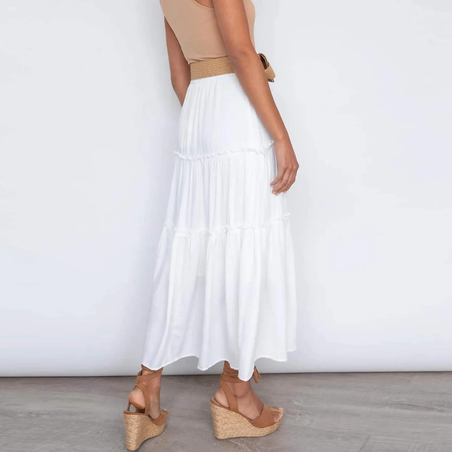 High Waisted Skirts for Women Bohemian Flowy A-Line Midi Length Casual Skirt Tiered Ruffles and Elastic Waistband