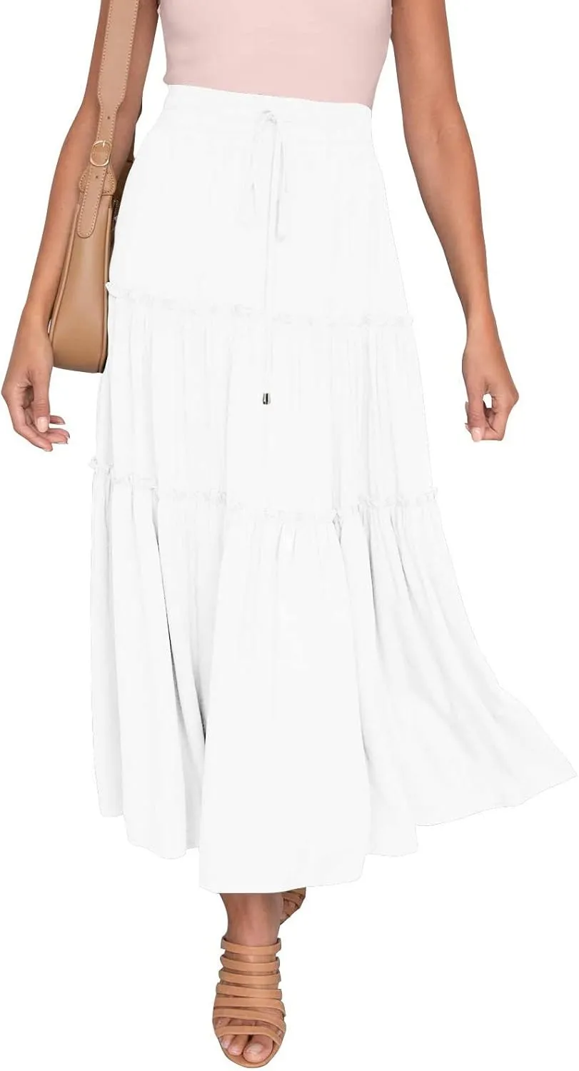 High Waisted Skirts for Women Bohemian Flowy A-Line Midi Length Casual Skirt Tiered Ruffles and Elastic Waistband