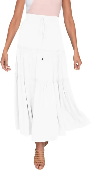 High Waisted Skirts for Women Bohemian Flowy A-Line Midi Length Casual Skirt Tiered Ruffles and Elastic Waistband