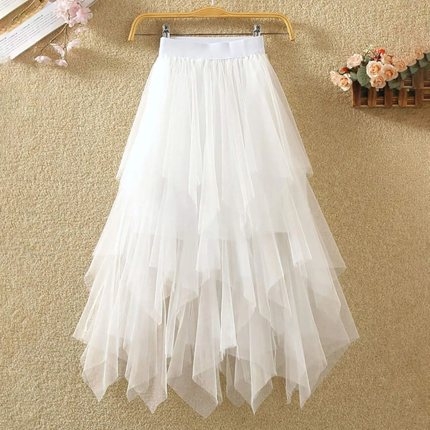 High Waisted Skirts for Women Flowy A-Line Maxi Length Bohemian Casual Skirt with Elastic Waist and Tiered Ruffles