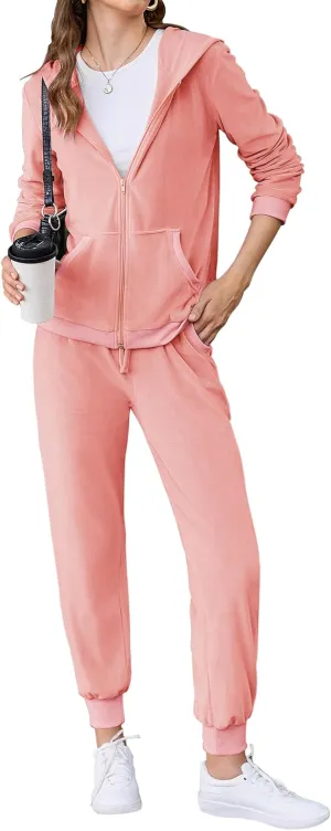 HOTOUCH Womens Casual Velour Tracksuit Set Full Zipper Hoodie Workout Pants Velvet Sweatsuit Jogging Suits XS-XXL