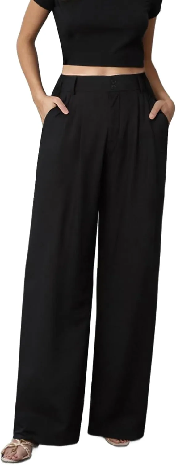 keriffe Wide Leg Casual Work Pants High Elastic Waisted Business Dress Trousers Loose Fit Office Slacks Pockets