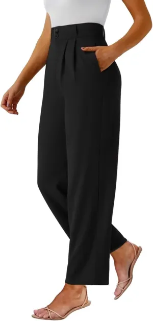 keriffe Wide Leg Casual Work Pants High Elastic Waisted Business Dress Trousers Loose Fit Office Slacks Pockets