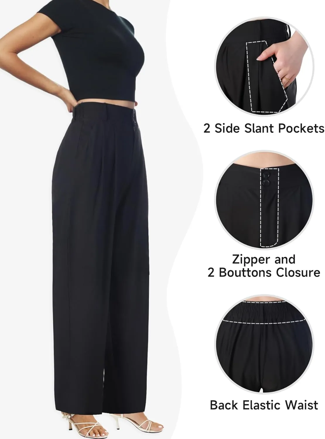 keriffe Wide Leg Casual Work Pants High Elastic Waisted Business Dress Trousers Loose Fit Office Slacks Pockets