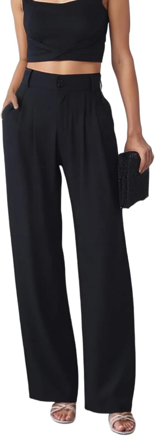 keriffe Wide Leg Casual Work Pants High Elastic Waisted Business Dress Trousers Loose Fit Office Slacks Pockets