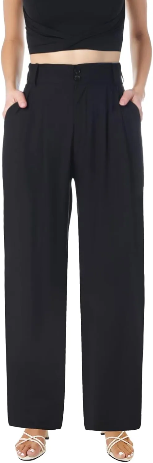 keriffe Wide Leg Casual Work Pants High Elastic Waisted Business Dress Trousers Loose Fit Office Slacks Pockets