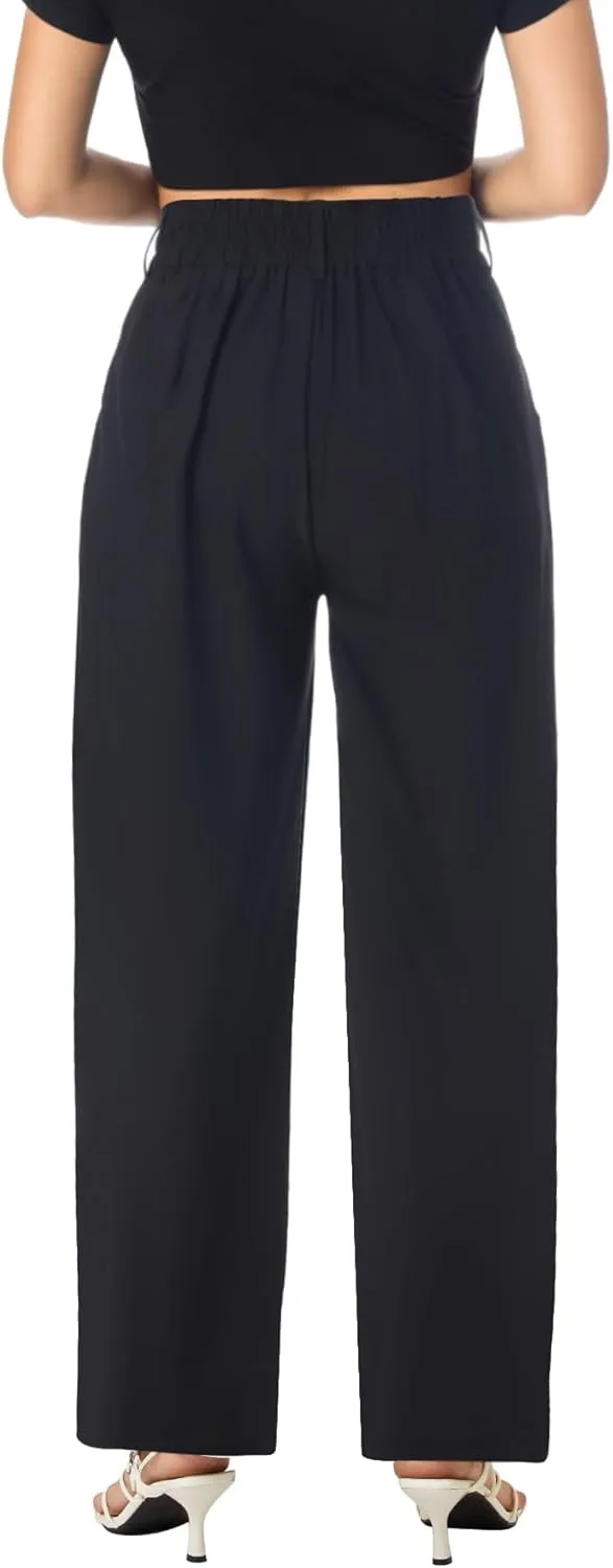 keriffe Wide Leg Casual Work Pants High Elastic Waisted Business Dress Trousers Loose Fit Office Slacks Pockets