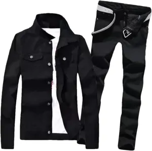 keusyoi Spring Mens Denim Jacket Jeans Pants Set Fashion Single Breasted Coat Trousers Two Piece Denim Suit