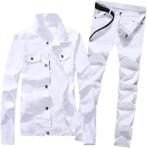 keusyoi Spring Mens Denim Jacket Jeans Pants Set Fashion Single Breasted Coat Trousers Two Piece Denim Suit