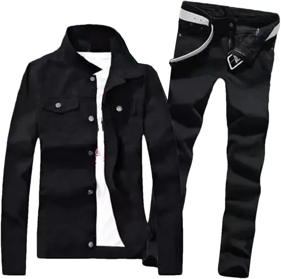 keusyoi Spring Mens Denim Jacket Jeans Pants Set Fashion Single Breasted Coat Trousers Two Piece Denim Suit