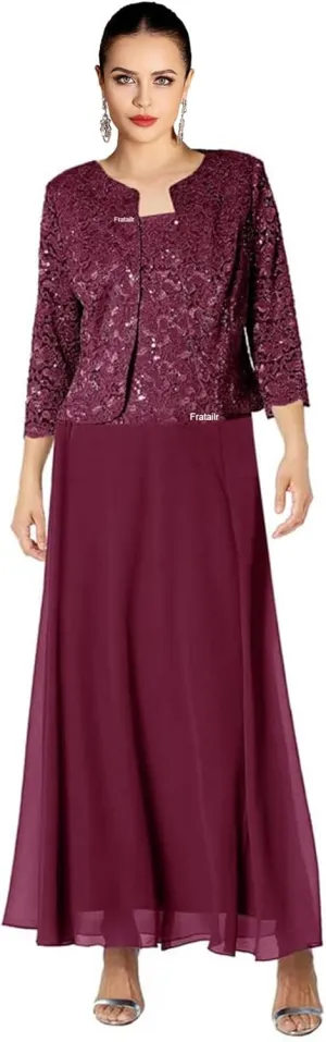 Lace Mother of The Bride Dresses with Jacket 2 Pieces Formal Evening Dress Long Chiffon Evening Gown