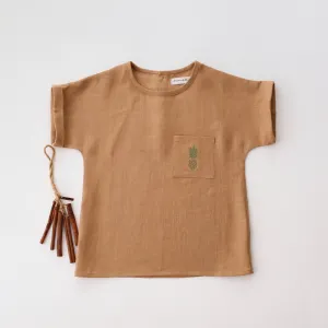 Latte Linen Short Sleeve Pocket Tee with Pineapple Embroidery