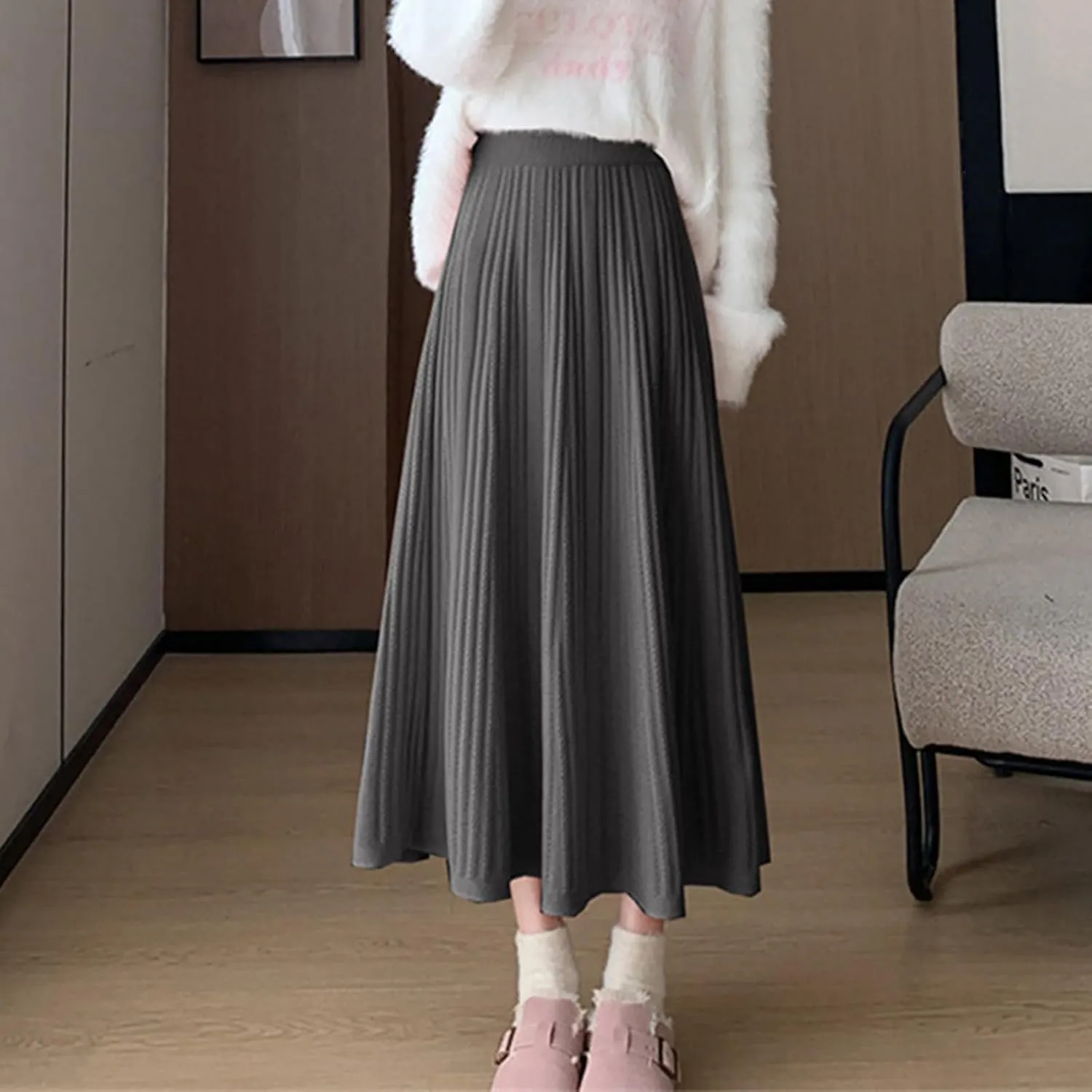 Long Skirts for Women Fall Casual High Waisted Ribbed Knit Midi Skirts Fashion Ruffle Pleated Knitted Half Skirt