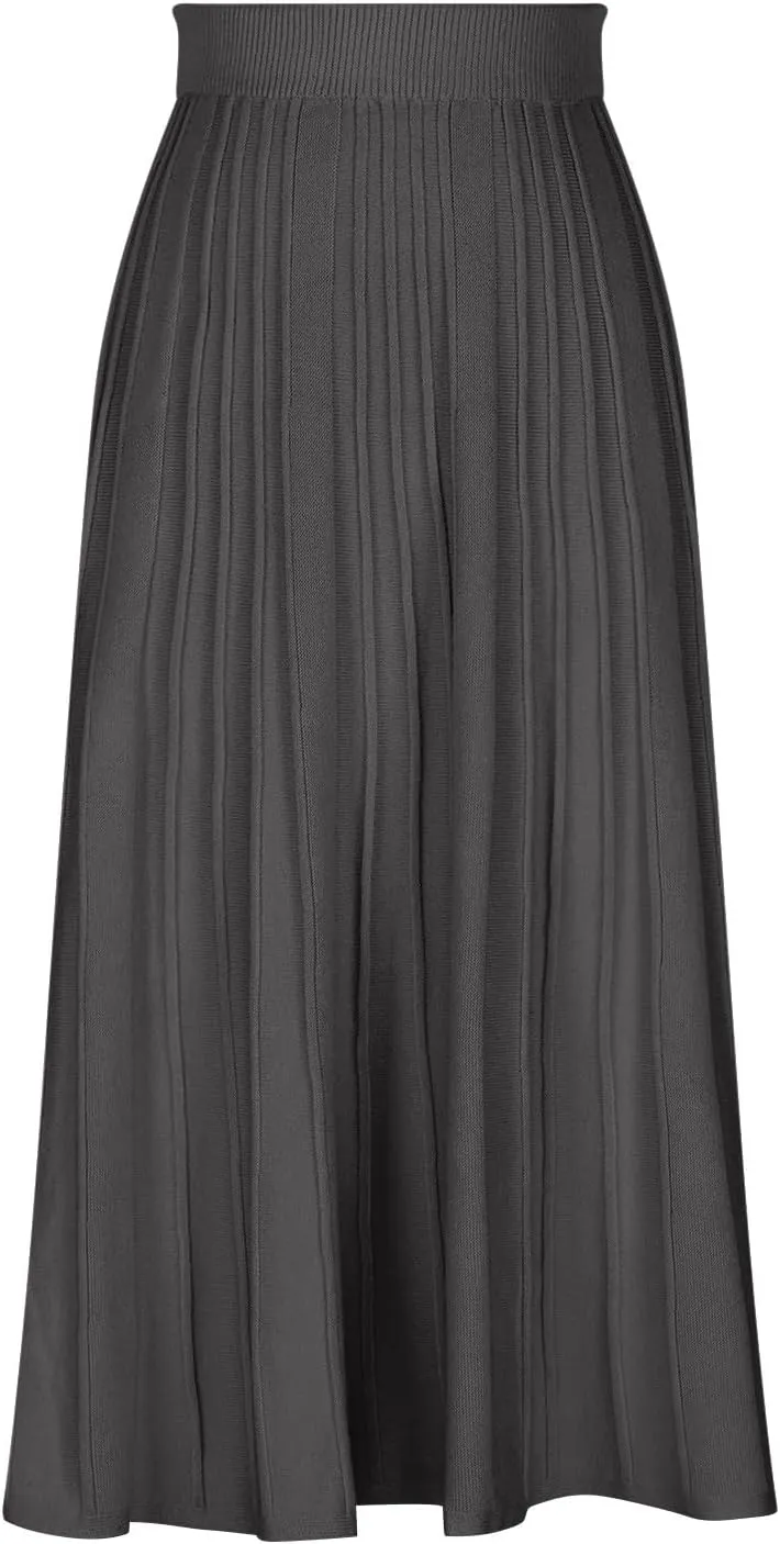 Long Skirts for Women Fall Casual High Waisted Ribbed Knit Midi Skirts Fashion Ruffle Pleated Knitted Half Skirt