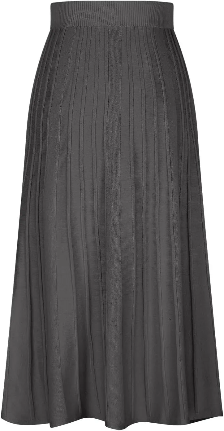 Long Skirts for Women Fall Casual High Waisted Ribbed Knit Midi Skirts Fashion Ruffle Pleated Knitted Half Skirt