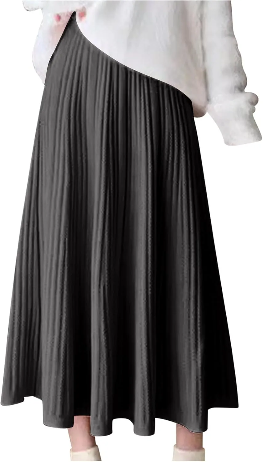 Long Skirts for Women Fall Casual High Waisted Ribbed Knit Midi Skirts Fashion Ruffle Pleated Knitted Half Skirt