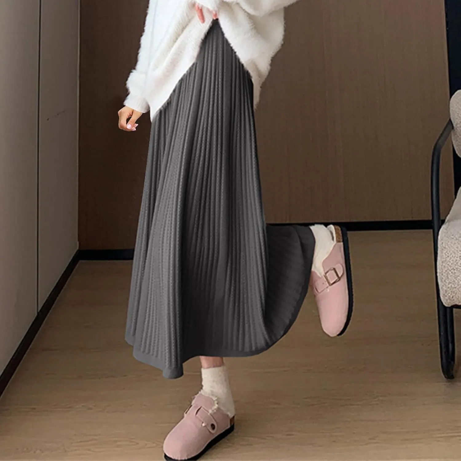 Long Skirts for Women Fall Casual High Waisted Ribbed Knit Midi Skirts Fashion Ruffle Pleated Knitted Half Skirt