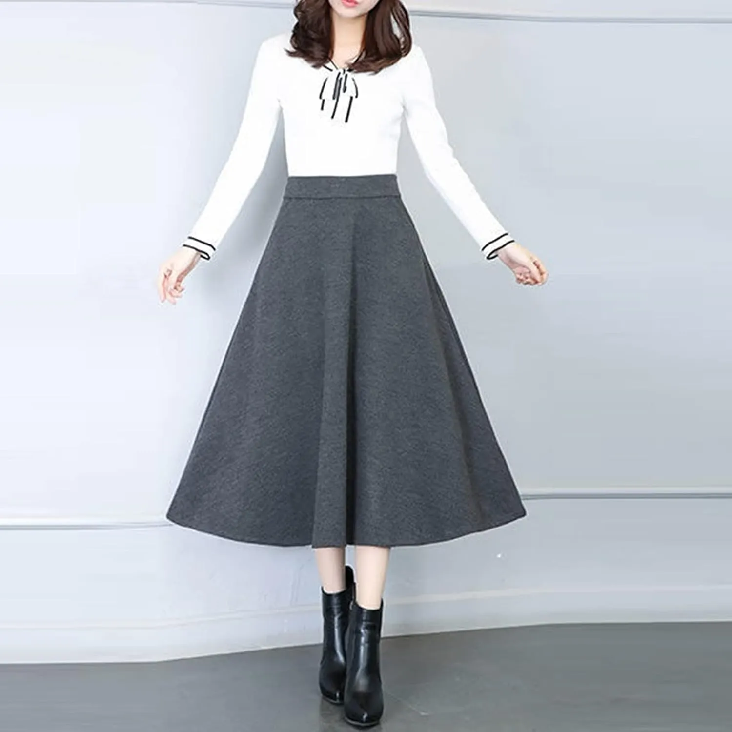 Long Skirts Womens Winter Vintage High Elastic Waist A Line Pleated Wool Midi Skirt Lady Elegant Skirts for Women