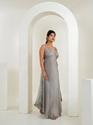 Macy Grey Satin Strappy Maxi Dress
