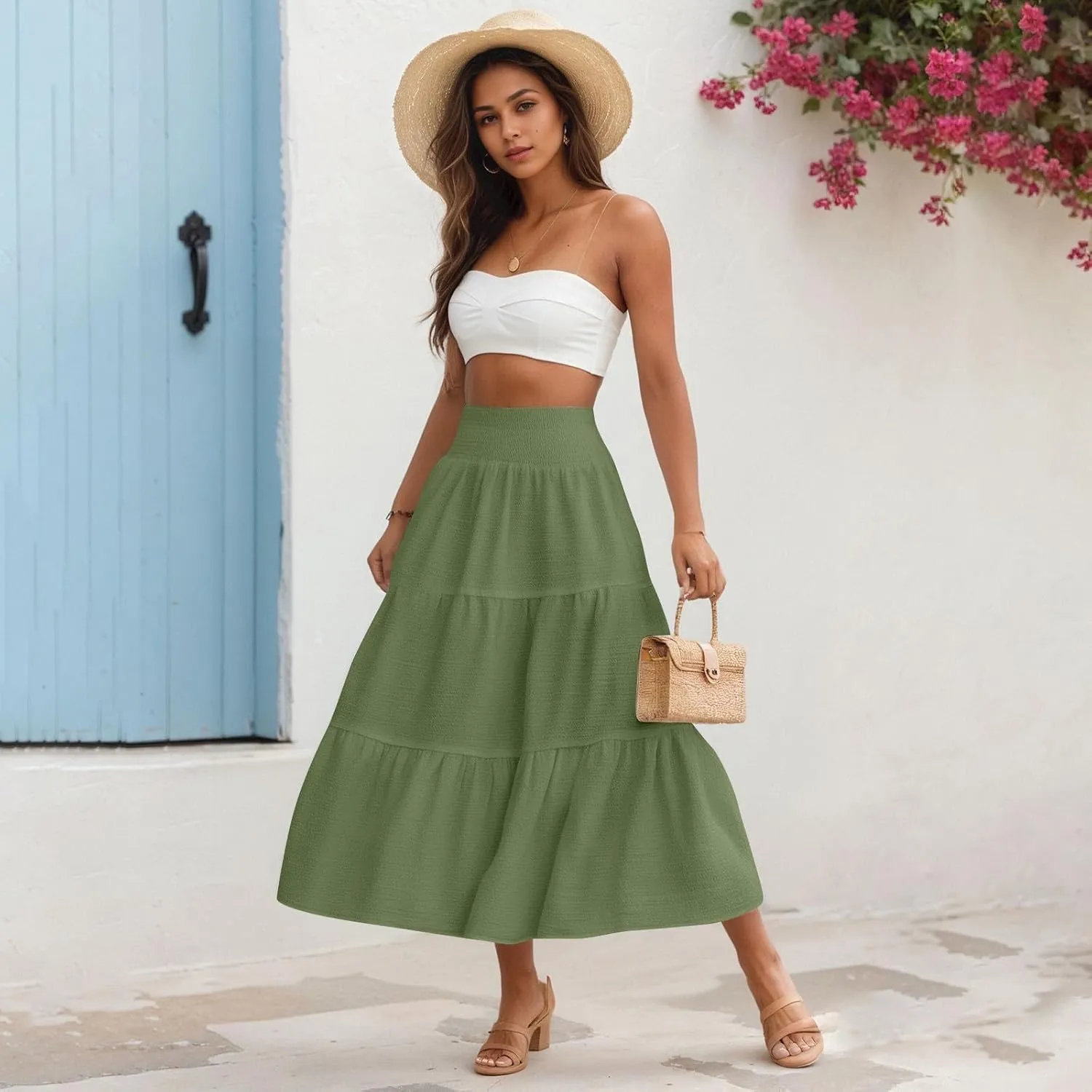 Maxi Skirts for Women 2025 Long Flowy Tiered Ruffle Linen Skirt Beach Summer A-Line Elastic High Waisted Skirts