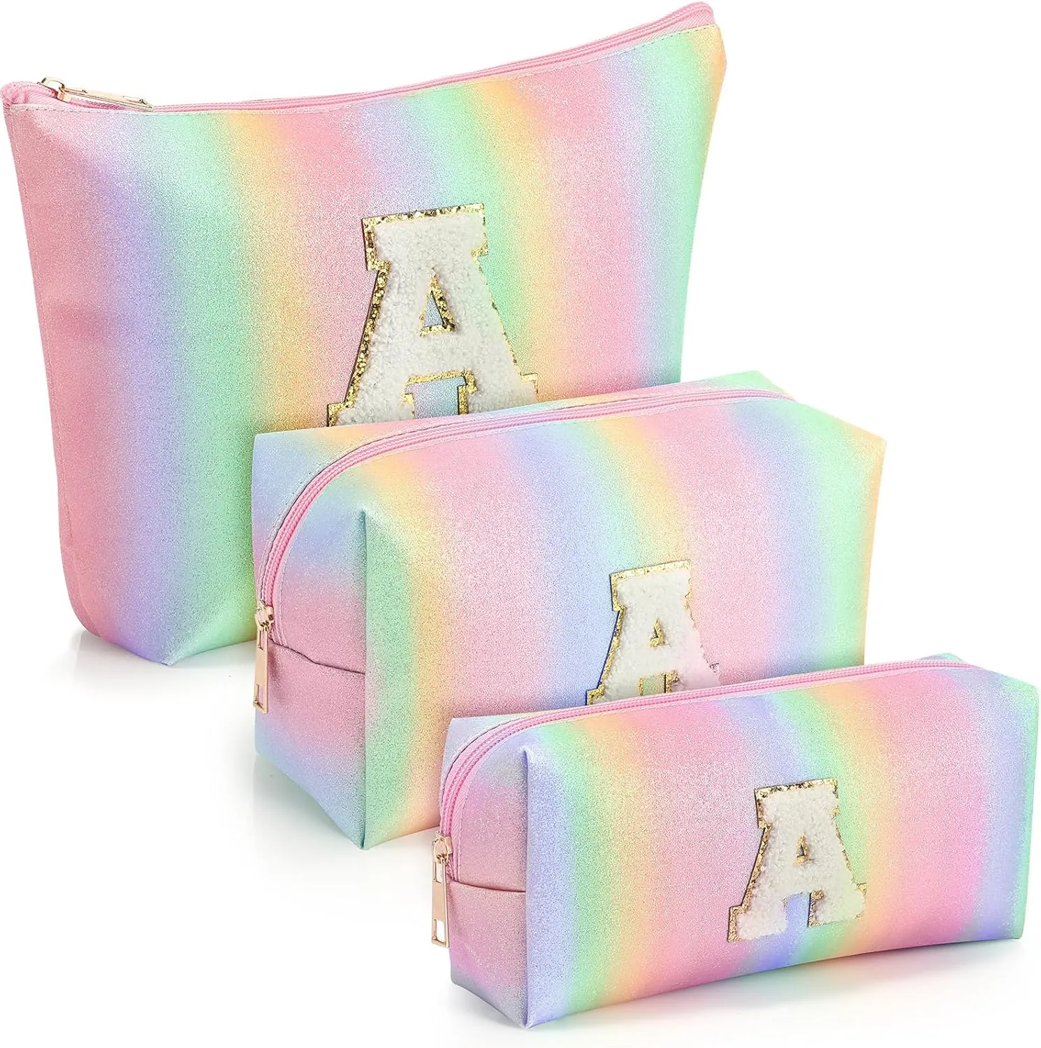 Meanplan 3 Pcs Initial Makeup Bag Cosmetic Travel Toiletry Bag for Women Girls Teen Teacher Glitter Rainbow Pouch for Birthday Gifts Easter Graduation Gifts, 3 Sizes Makeup Organizer A Preppy Stuff