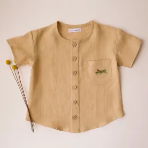 Melon Linen Short Sleeve Buttoned Top with Curved Hemline with "Grasshopper" Embroidery