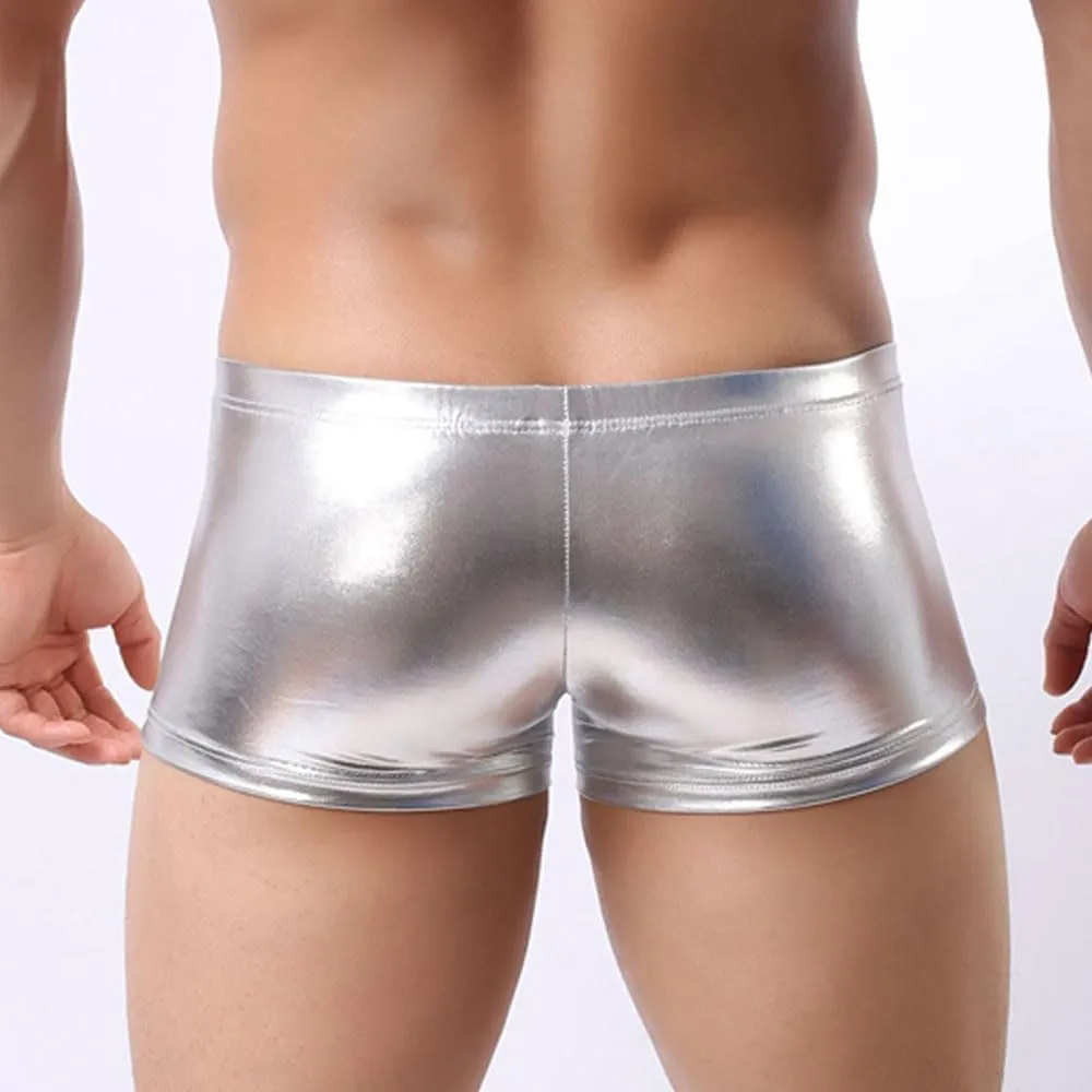 Men Boxer PU Leather Underwear Shiny Liquid Metallic Bikini Briefs Stretch Swim Trunks Pouch Pants Stage Clubwear