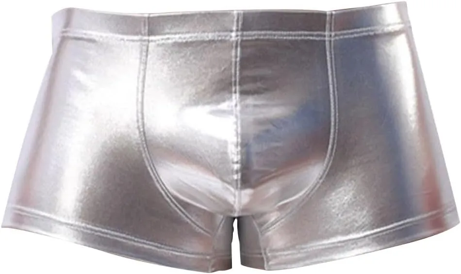 Men Boxer PU Leather Underwear Shiny Liquid Metallic Bikini Briefs Stretch Swim Trunks Pouch Pants Stage Clubwear