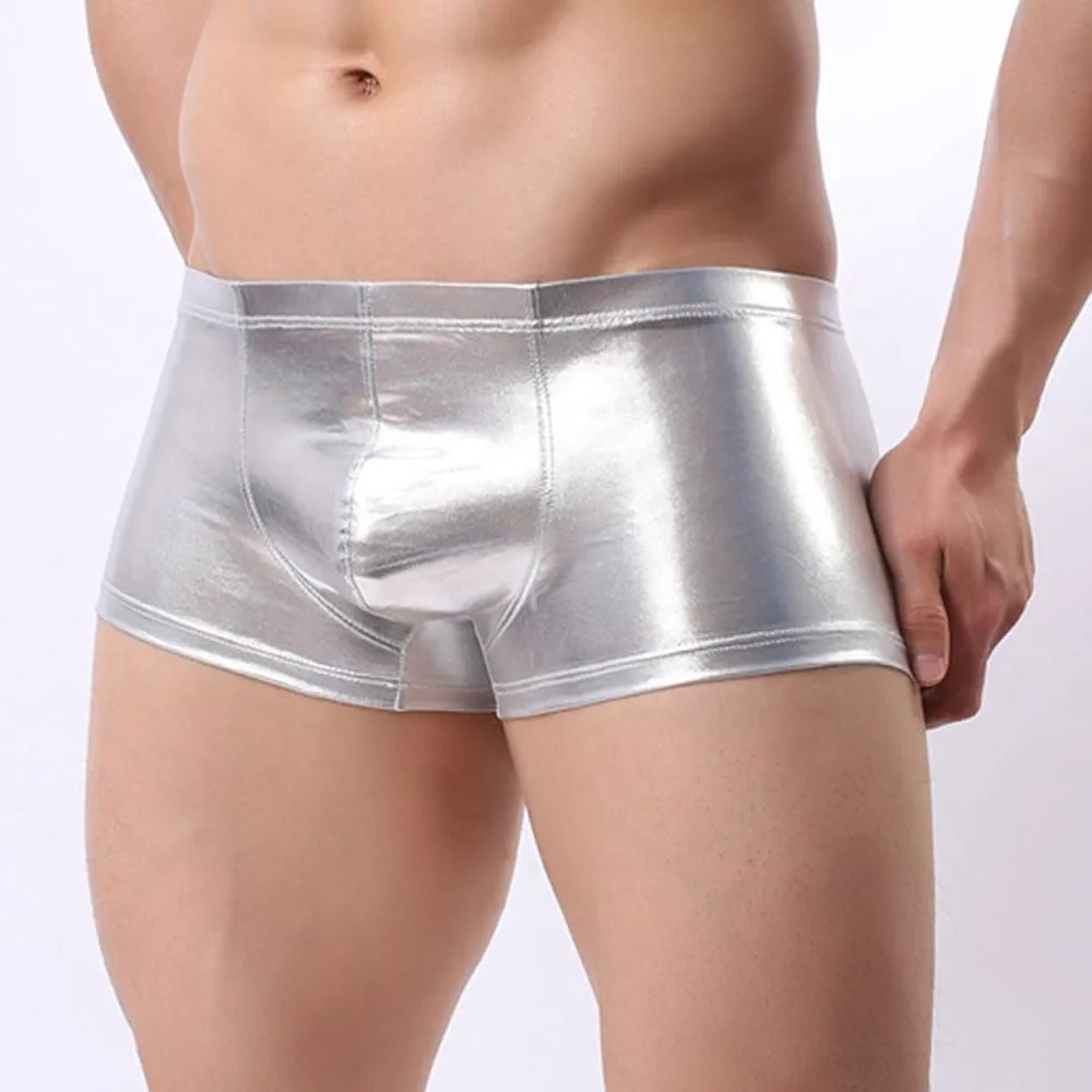 Men Boxer PU Leather Underwear Shiny Liquid Metallic Bikini Briefs Stretch Swim Trunks Pouch Pants Stage Clubwear