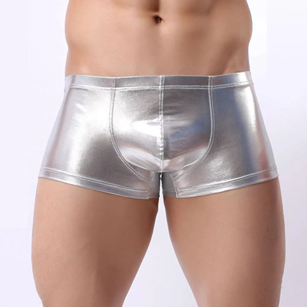 Men Boxer PU Leather Underwear Shiny Liquid Metallic Bikini Briefs Stretch Swim Trunks Pouch Pants Stage Clubwear