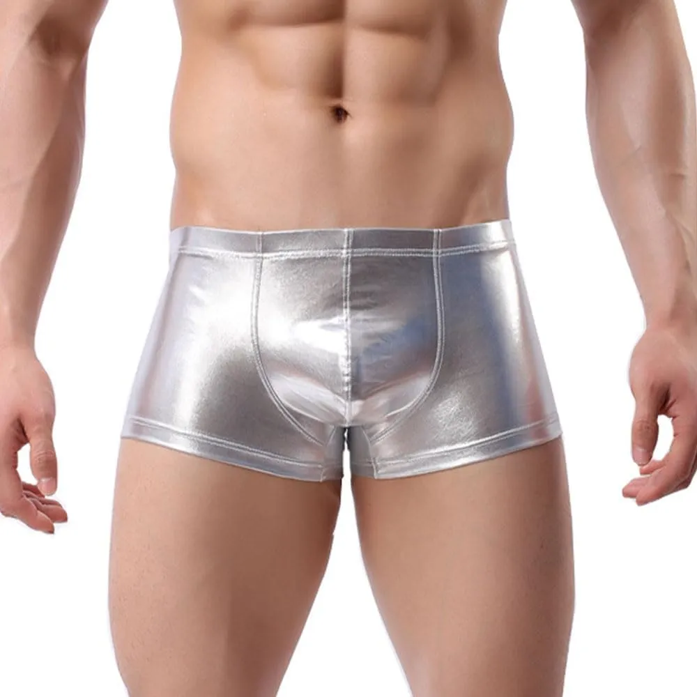 Men Boxer PU Leather Underwear Shiny Liquid Metallic Bikini Briefs Stretch Swim Trunks Pouch Pants Stage Clubwear