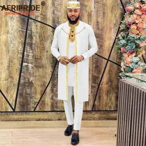 Men's African Agbada Robe 4PC  Set – Embroidered Dashiki Shirt, Pants, Hat & Chain for Weddings and Evening