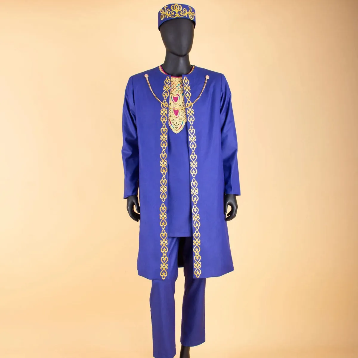 Men's African Agbada Robe 4PC  Set – Embroidered Dashiki Shirt, Pants, Hat & Chain for Weddings and Evening