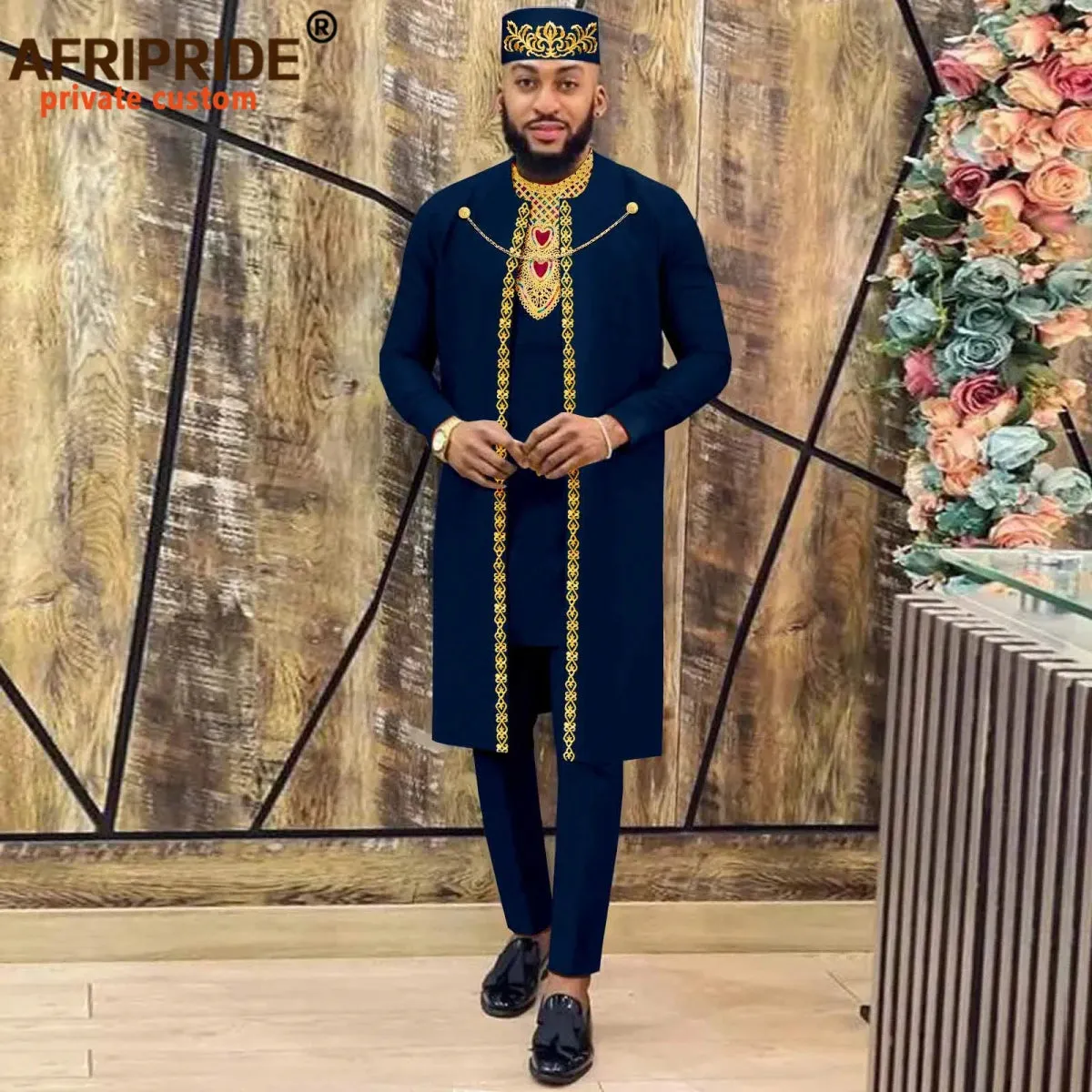 Men's African Agbada Robe 4PC  Set – Embroidered Dashiki Shirt, Pants, Hat & Chain for Weddings and Evening