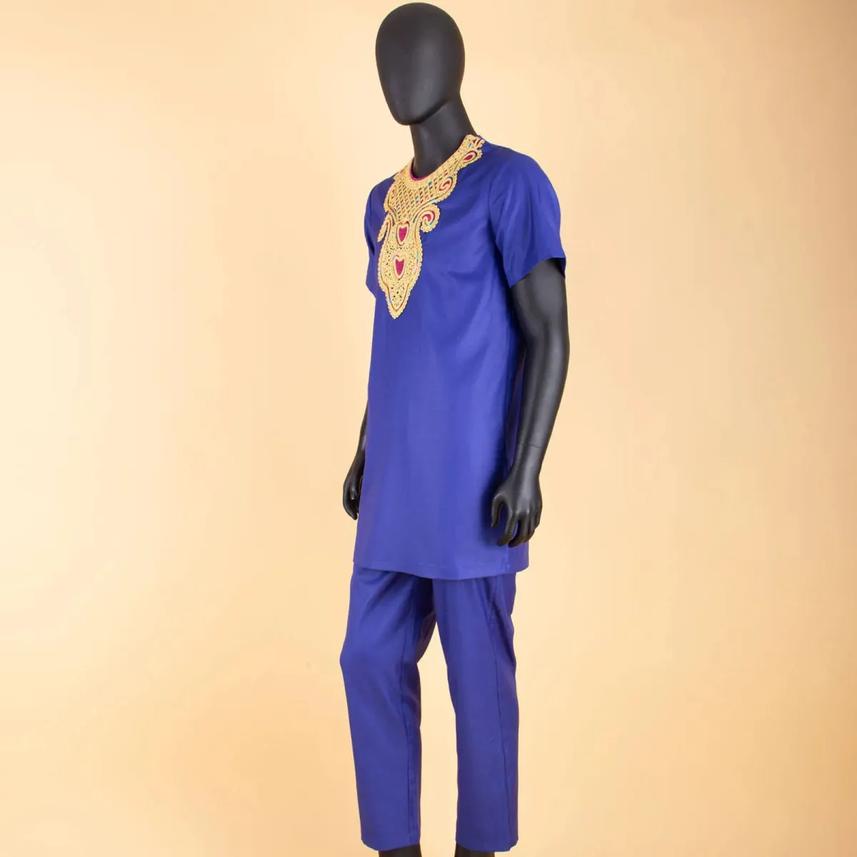 Men's African Agbada Robe 4PC  Set – Embroidered Dashiki Shirt, Pants, Hat & Chain for Weddings and Evening