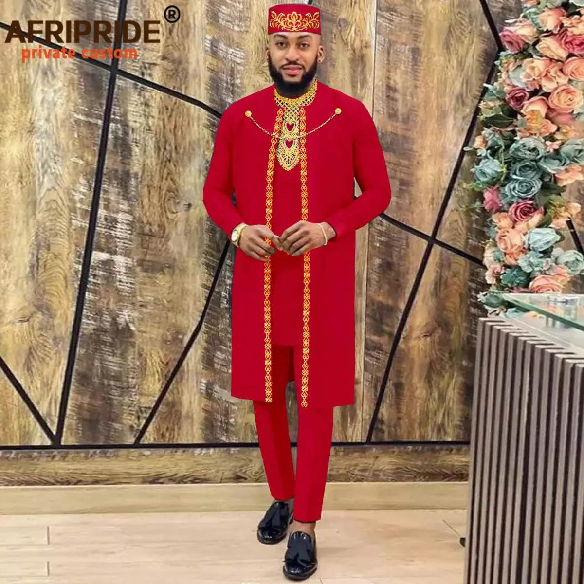 Men's African Agbada Robe 4PC  Set – Embroidered Dashiki Shirt, Pants, Hat & Chain for Weddings and Evening