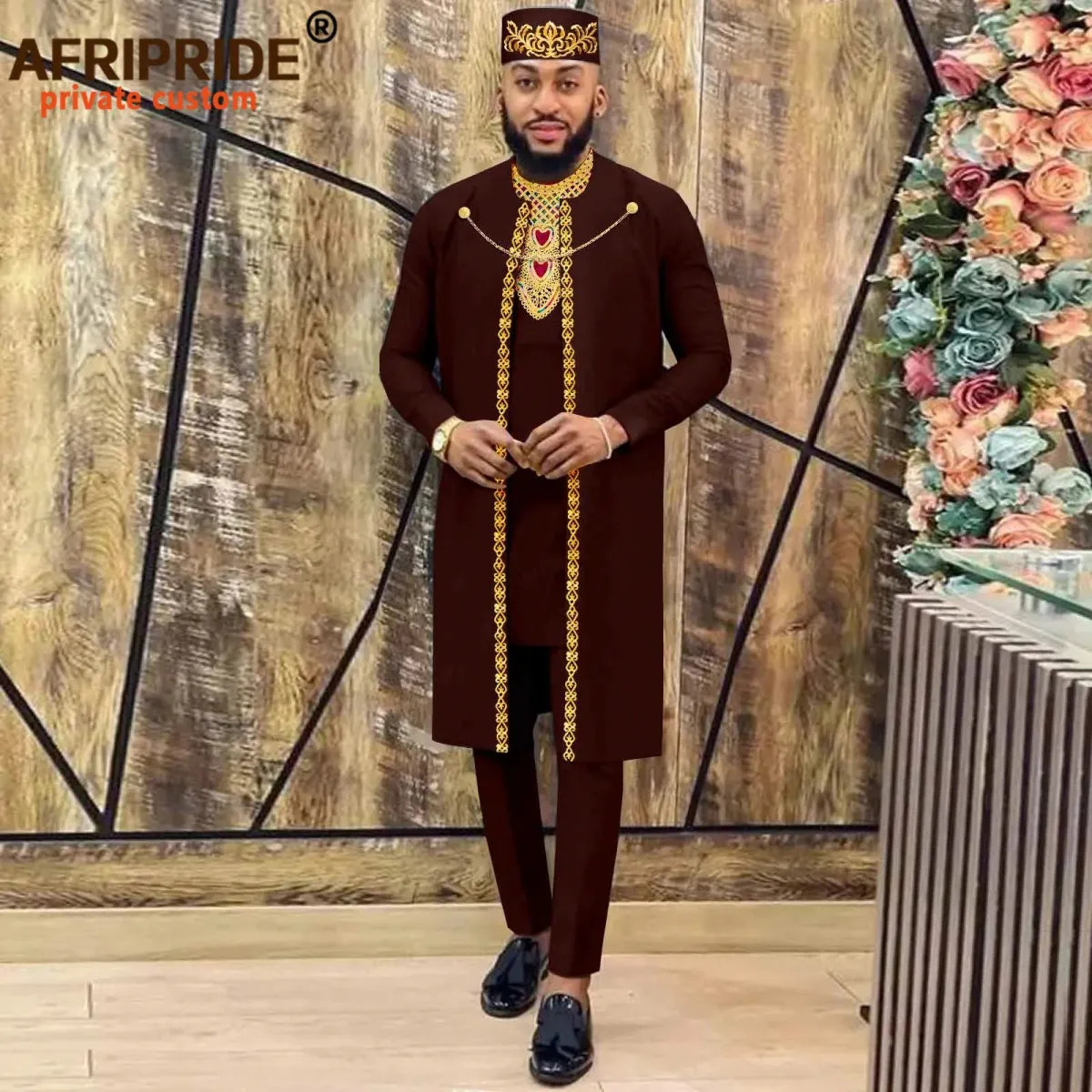 Men's African Agbada Robe 4PC  Set – Embroidered Dashiki Shirt, Pants, Hat & Chain for Weddings and Evening