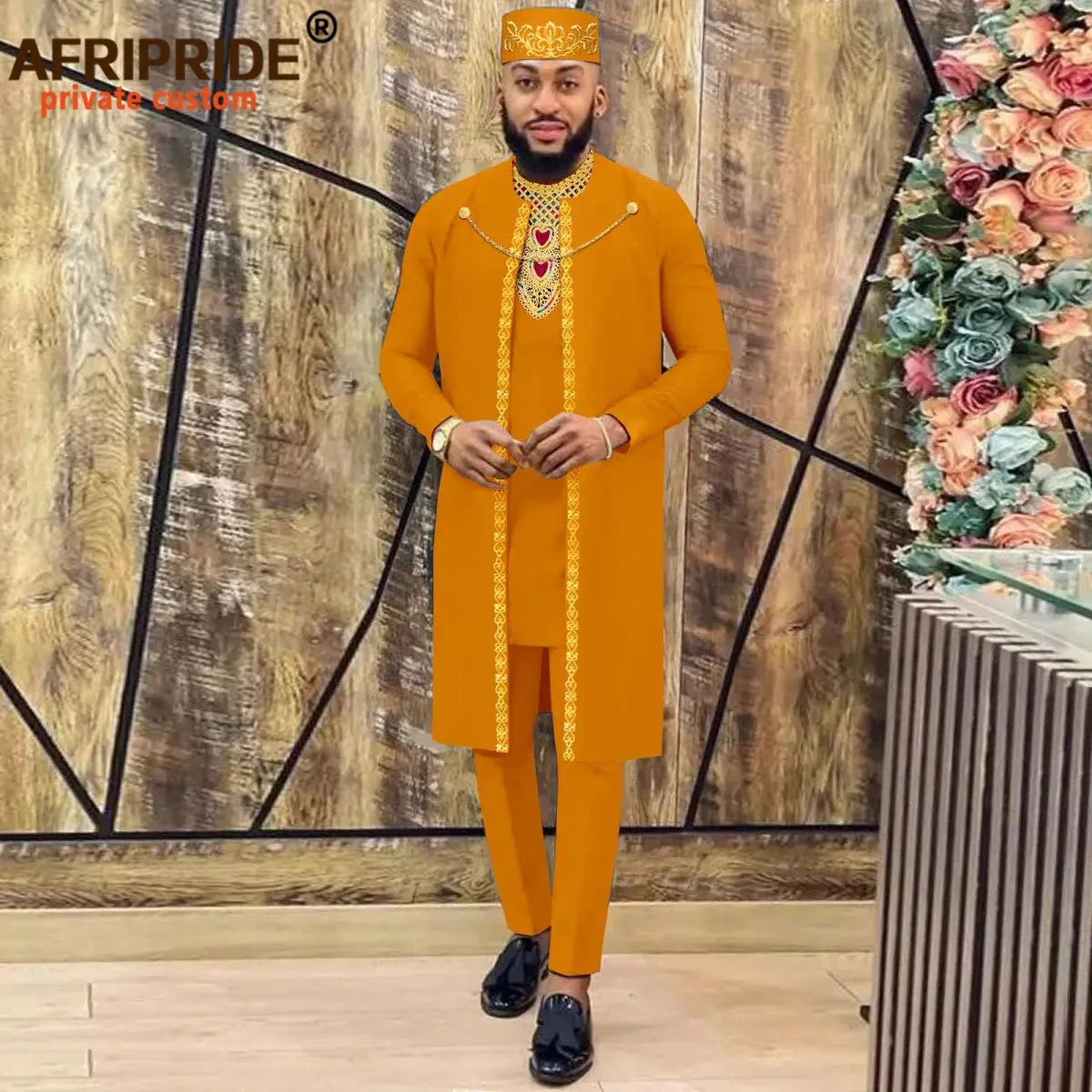 Men's African Agbada Robe 4PC  Set – Embroidered Dashiki Shirt, Pants, Hat & Chain for Weddings and Evening