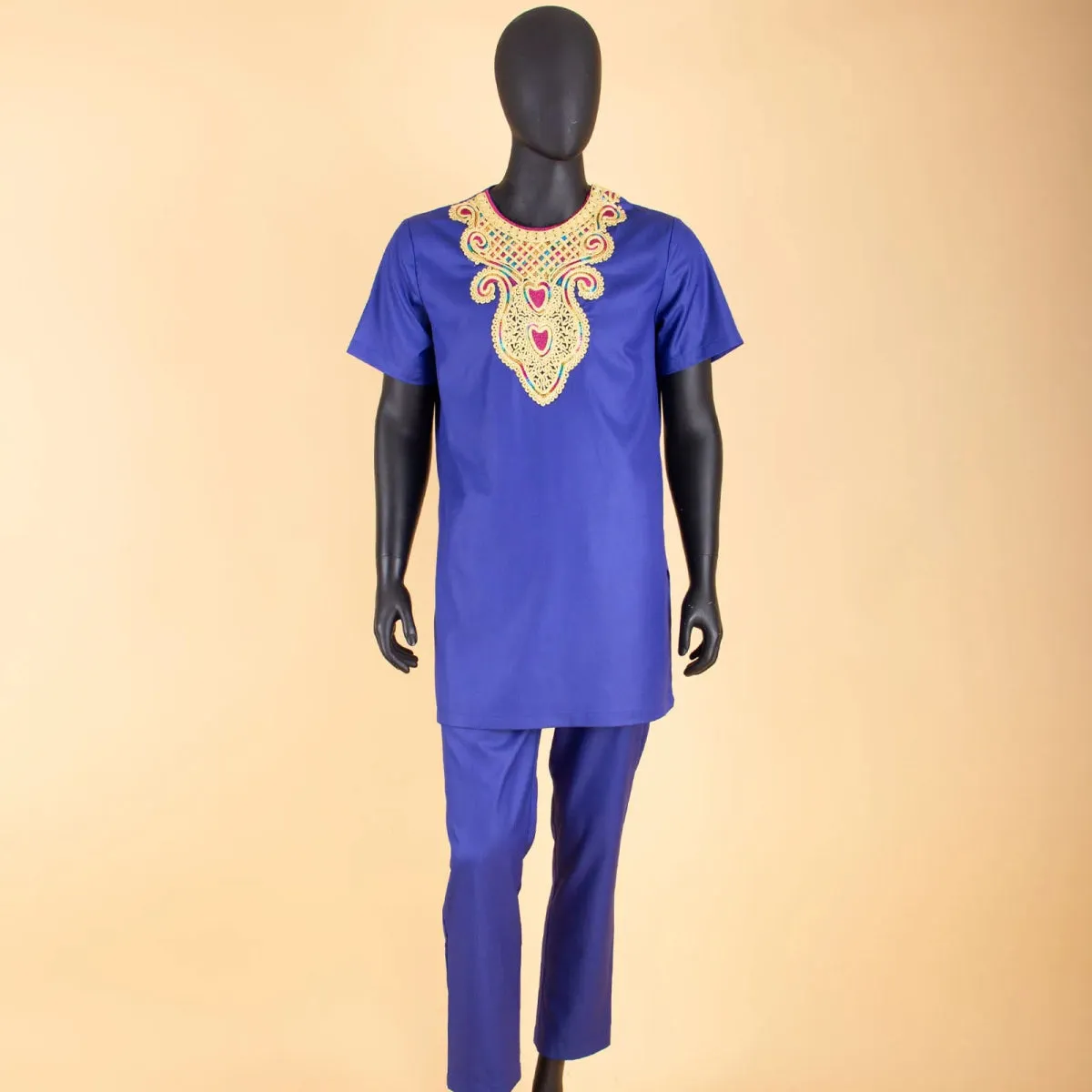 Men's African Agbada Robe 4PC  Set – Embroidered Dashiki Shirt, Pants, Hat & Chain for Weddings and Evening