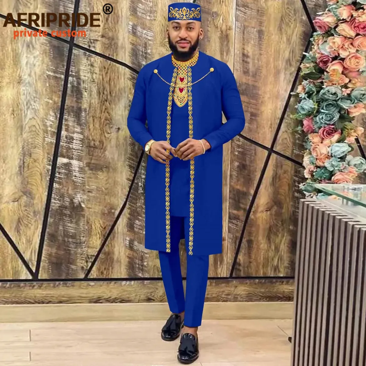 Men's African Agbada Robe 4PC  Set – Embroidered Dashiki Shirt, Pants, Hat & Chain for Weddings and Evening