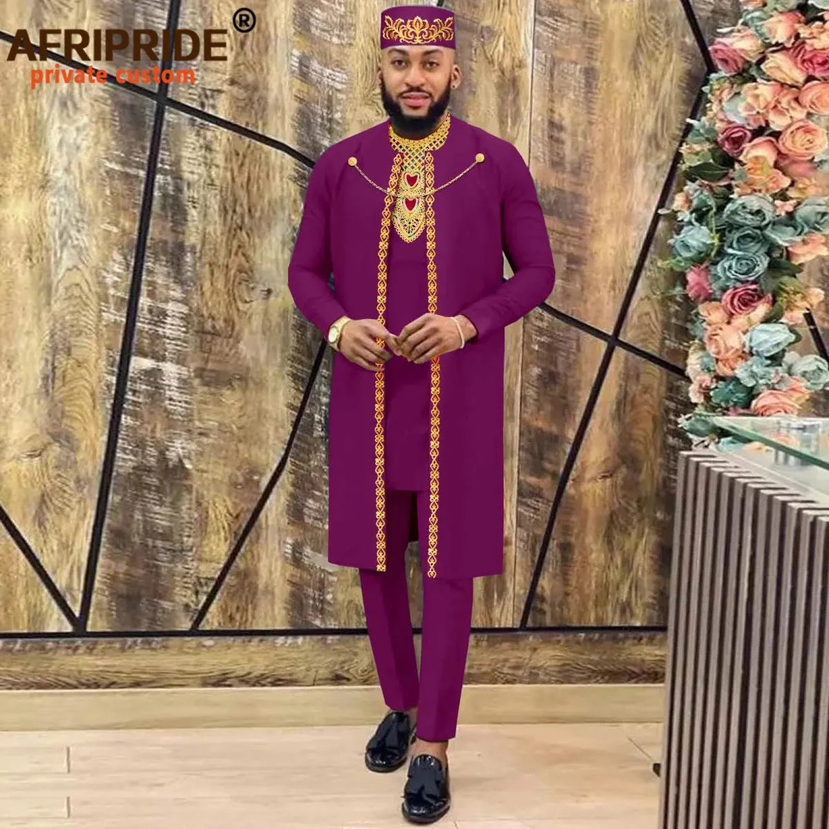 Men's African Agbada Robe 4PC  Set – Embroidered Dashiki Shirt, Pants, Hat & Chain for Weddings and Evening