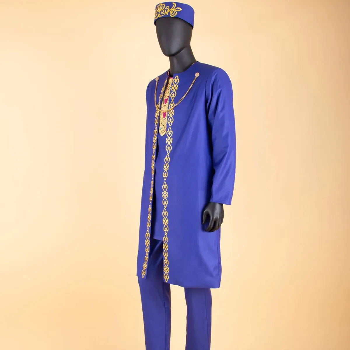 Men's African Agbada Robe 4PC  Set – Embroidered Dashiki Shirt, Pants, Hat & Chain for Weddings and Evening