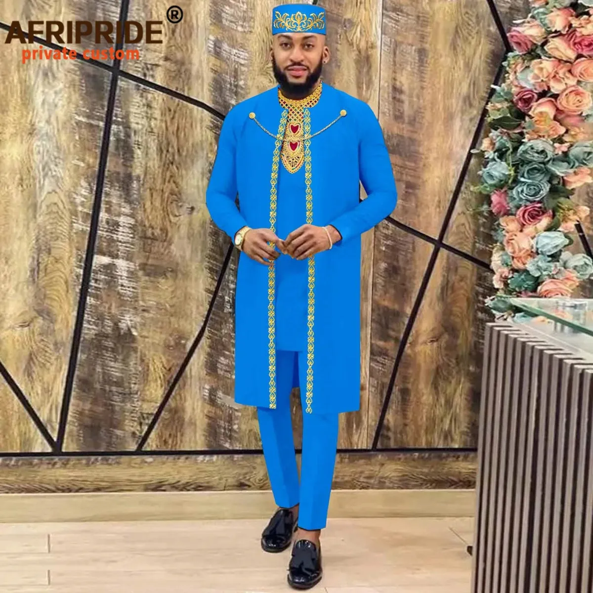 Men's African Agbada Robe 4PC  Set – Embroidered Dashiki Shirt, Pants, Hat & Chain for Weddings and Evening