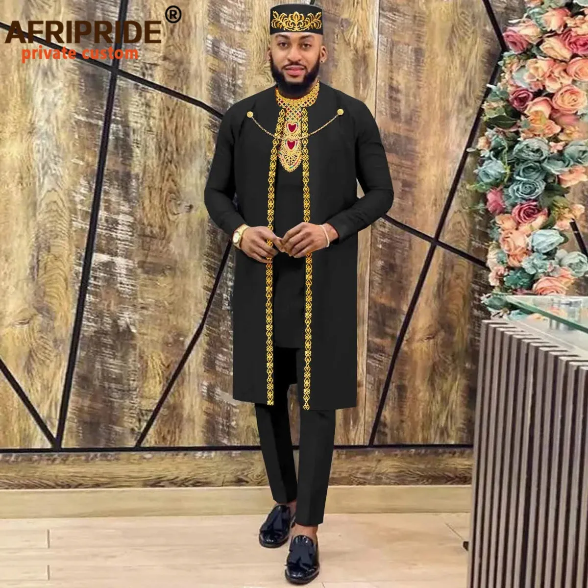 Men's African Agbada Robe 4PC  Set – Embroidered Dashiki Shirt, Pants, Hat & Chain for Weddings and Evening