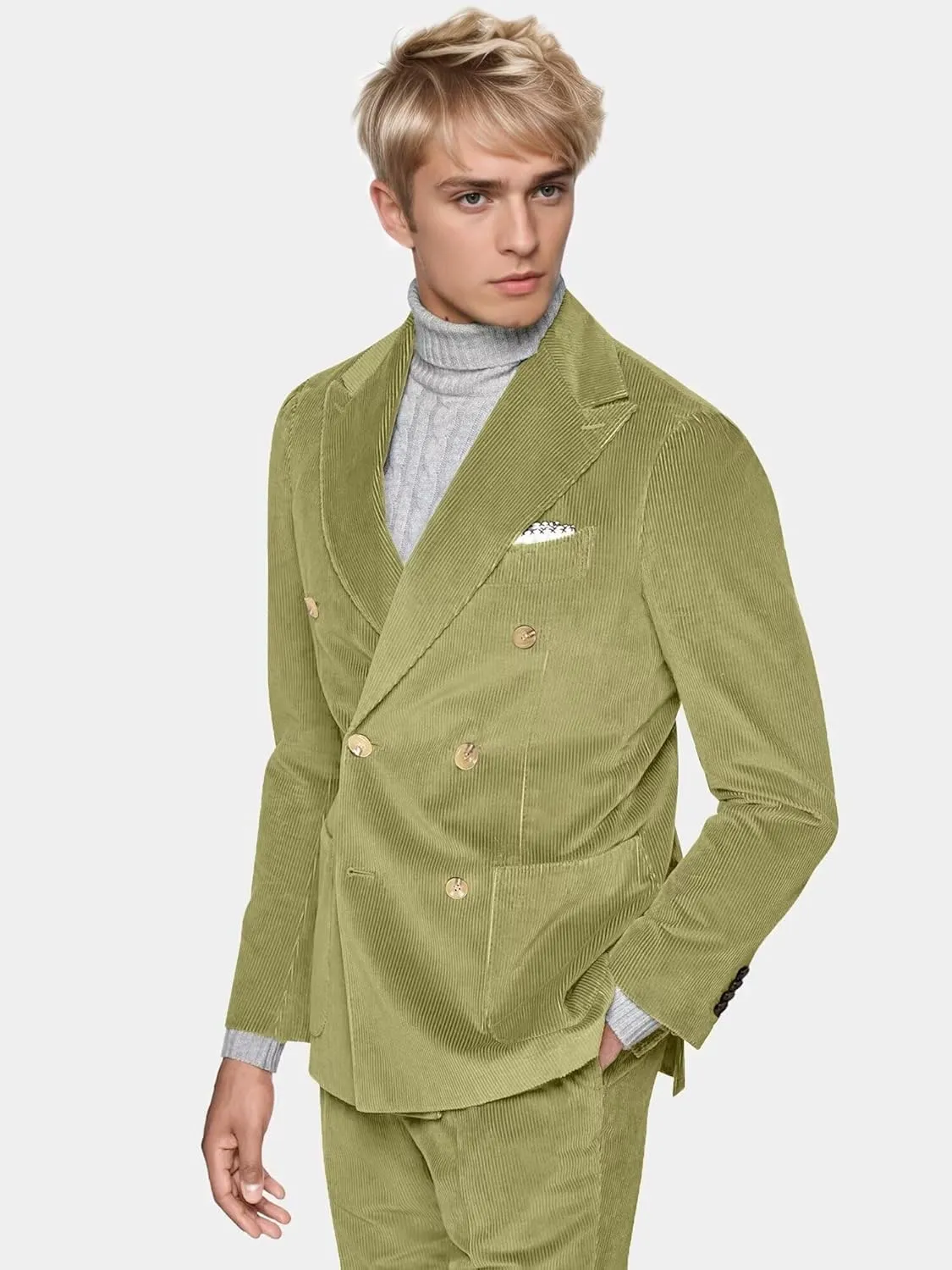 Mens Slim Fit Suit 2 Piece Corduroy Suits Double Breasted Suit Blazer Jacket Pants Set Formal Wedding Prom Tuxedos