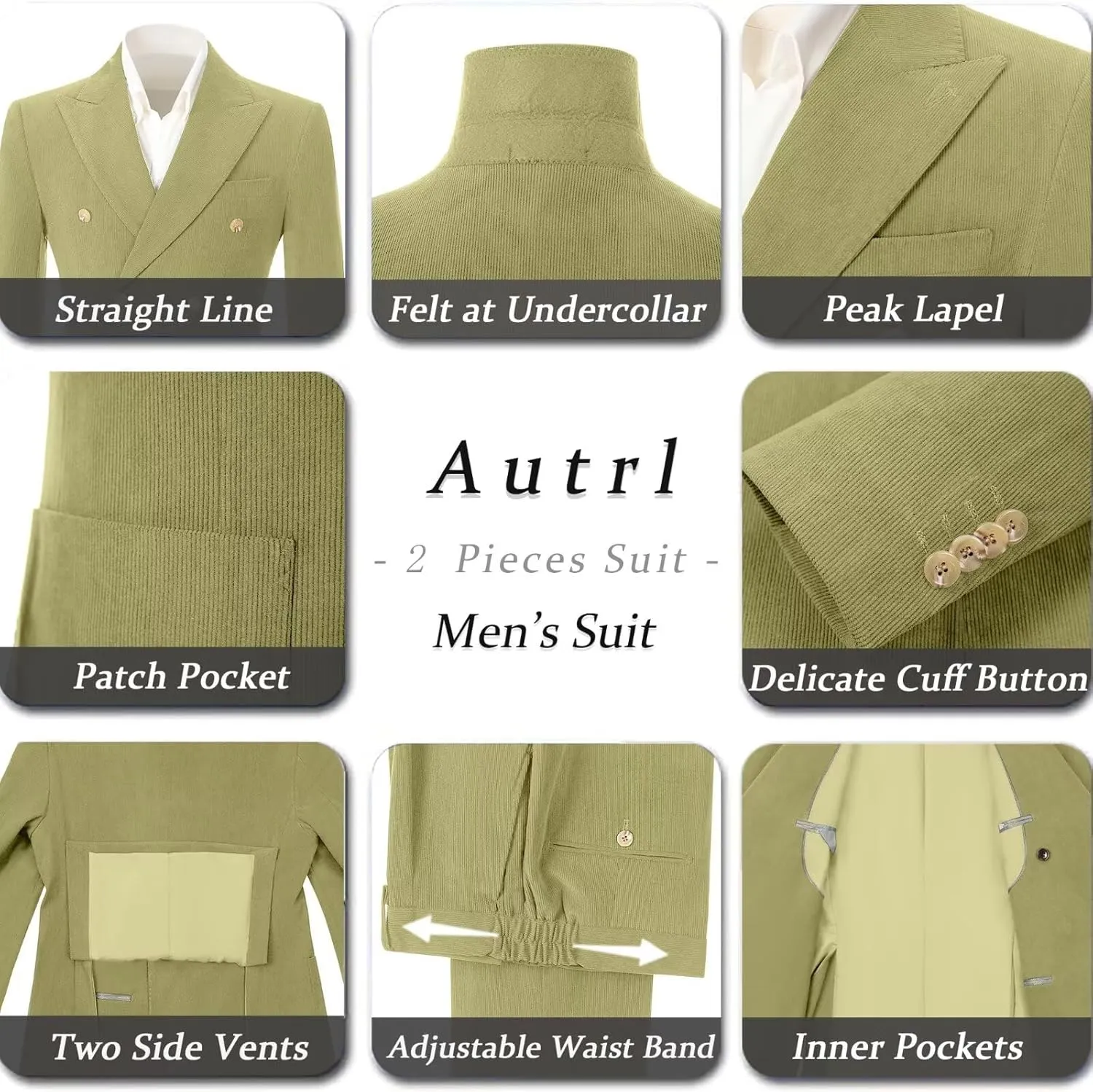 Mens Slim Fit Suit 2 Piece Corduroy Suits Double Breasted Suit Blazer Jacket Pants Set Formal Wedding Prom Tuxedos