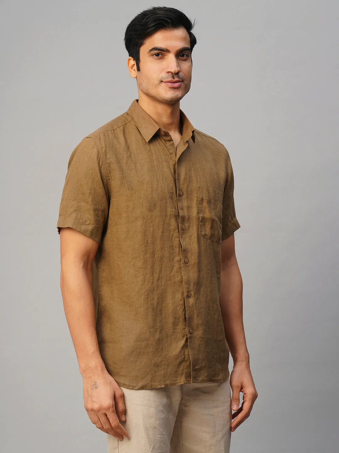 Men's Tobacco 100% Linen Regular Fit Shirt
