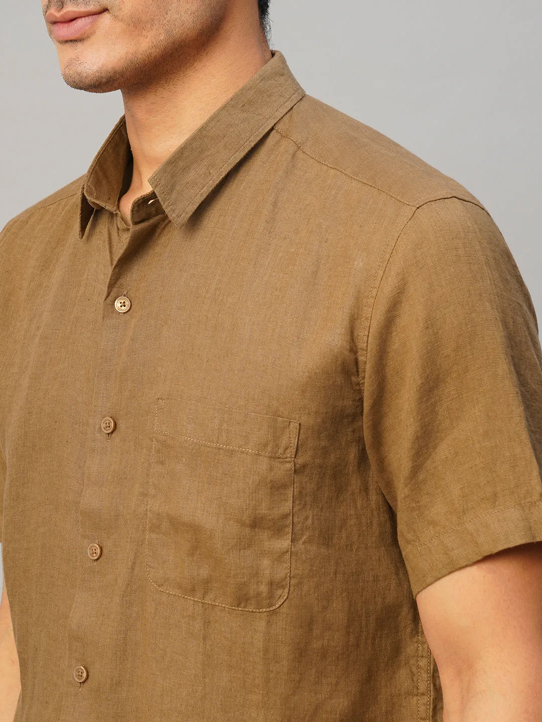 Men's Tobacco 100% Linen Regular Fit Shirt