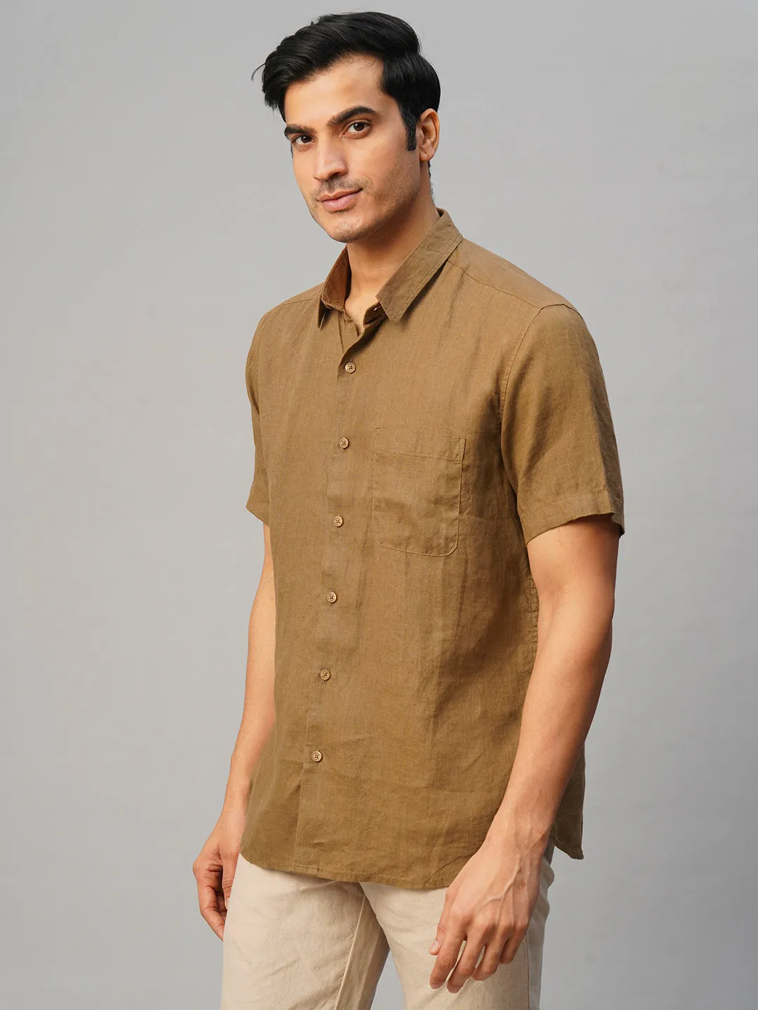 Men's Tobacco 100% Linen Regular Fit Shirt