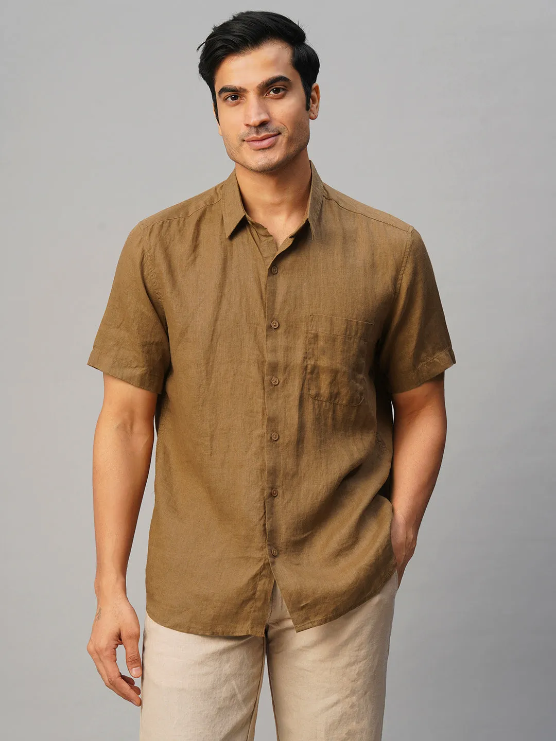 Men's Tobacco 100% Linen Regular Fit Shirt